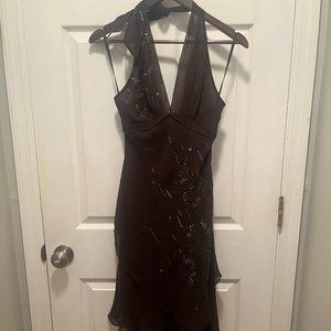 BCBG Maxazria Beaded Floral Brown Halter Dress Tie Flowy
